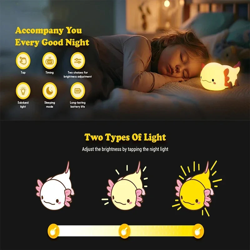 Cute Axolotl Night Light Silicone Nursery Sleeping Lamp Touch Control Nightlights USB Rechargeable Table Lamp for Baby Child